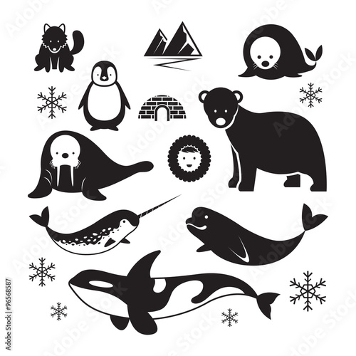 Arctic Animals Silhouette Set, Winter, Nature Travel and Wildlife