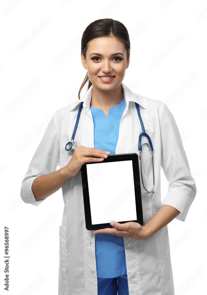 Smiling medical doctor holding a tablet isolated on white Smiling medical doctor holding a tablet isolated on white