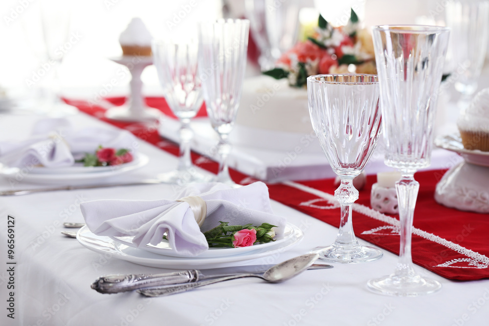 Beautiful served table for wedding or other celebration in restaurant