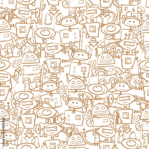 Vector seamless pattern with cartoon robots  on  white  background.