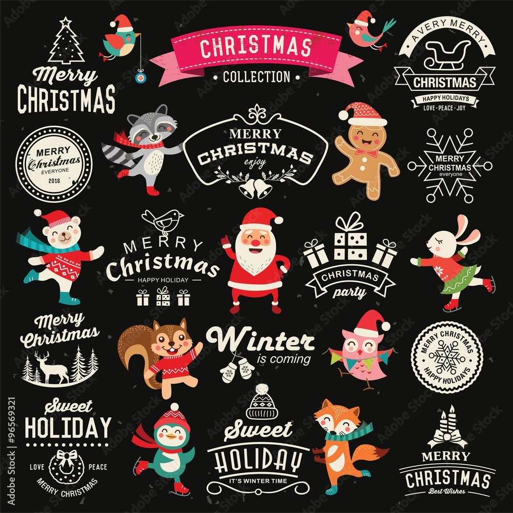 Fototapeta premium Christmas decoration collection of calligraphic and typographic design with labels, icons elements. Set of cute cartoon characters.