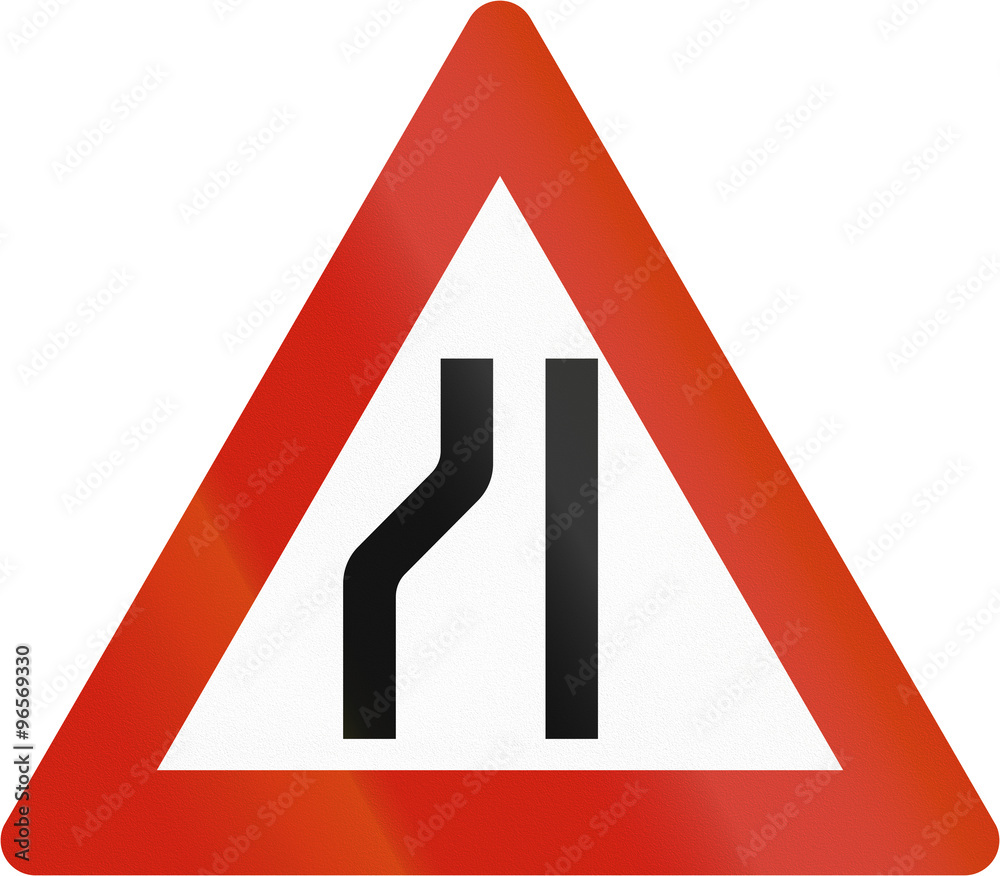 Norwegian road warning sign - Road narrows on the left Norwegian road warning sign - Road narrows on the left