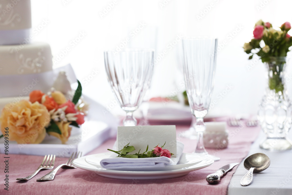 Beautiful served table for wedding or other celebration in restaurant Beautiful served table for wedding or other celebration in restaurant