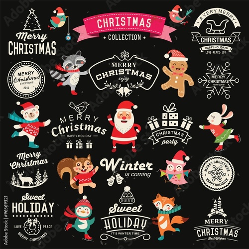Christmas decoration collection of calligraphic and typographic design with labels, icons elements. Set of cute cartoon characters.