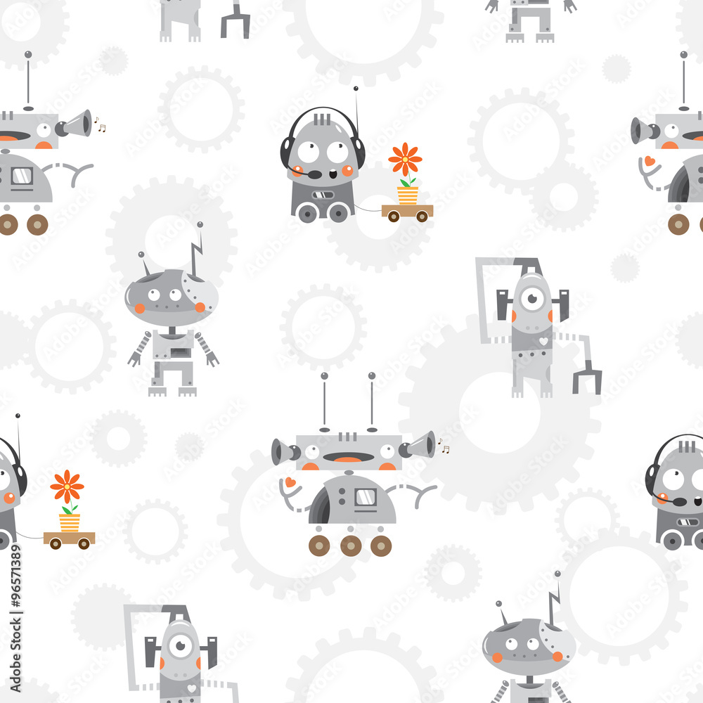 Vector seamless pattern with cartoon robots and gears on white background. Vector seamless pattern with cartoon robots and gears on white background.