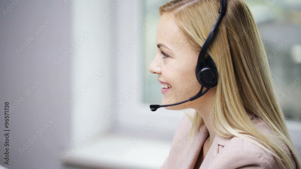 businesswoman with headset talking at office businesswoman with headset talking at office