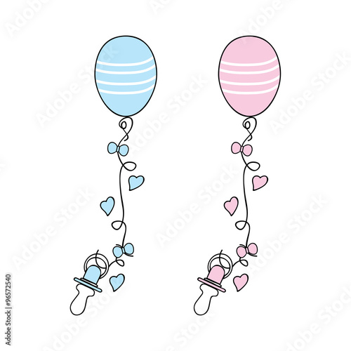 Baby cute stickers, rubber pacifier with a balloon and ribbons