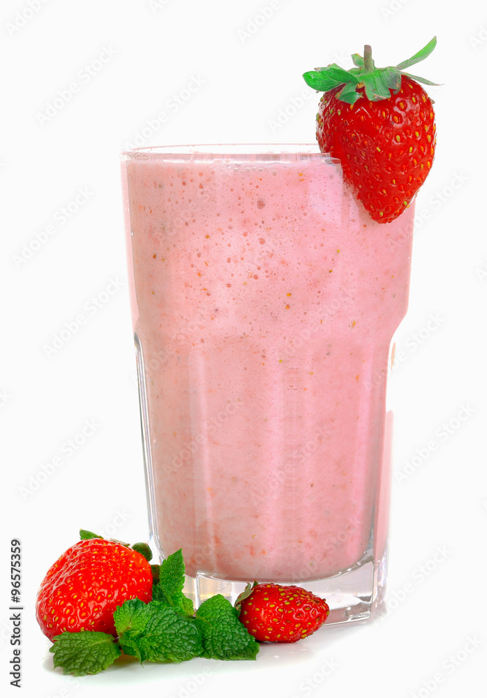 A glass of fresh cold strawberry smoothie, isolated on white A glass of fresh cold strawberry smoothie, isolated on white