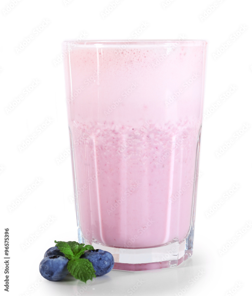 A glass of fresh cold blueberry smoothie, isolated on white