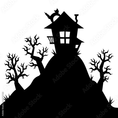 Vector silhouette of house on the hill and trees (black)