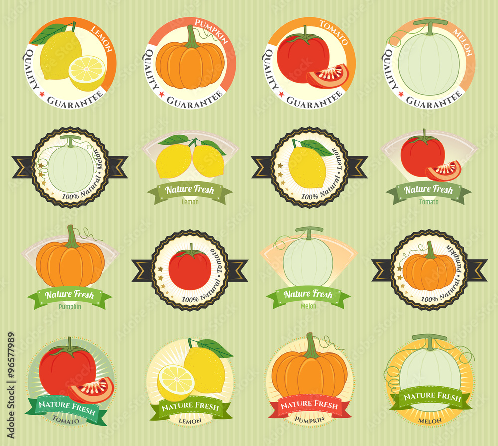 Set of various fresh fruit and vegetable premium quality tag lab Set of various fresh fruit and vegetable premium quality tag lab