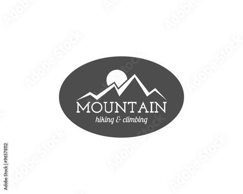 Vintage mountain trekking, climbing hiking camping badge, outdoor logo, emblem and label concept for web, print t shirt etc. Retro silhouette monochrome design. Easy to change color. Vector