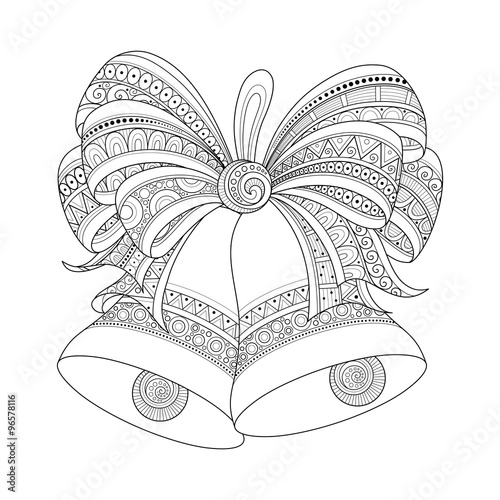 Vector Ornate Monochrome Christmas Golden Bells with Red Bow