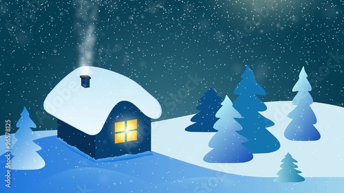 Abstract winter landscape - house with smoking chimney, falling snow and starry night sky - seamless loop