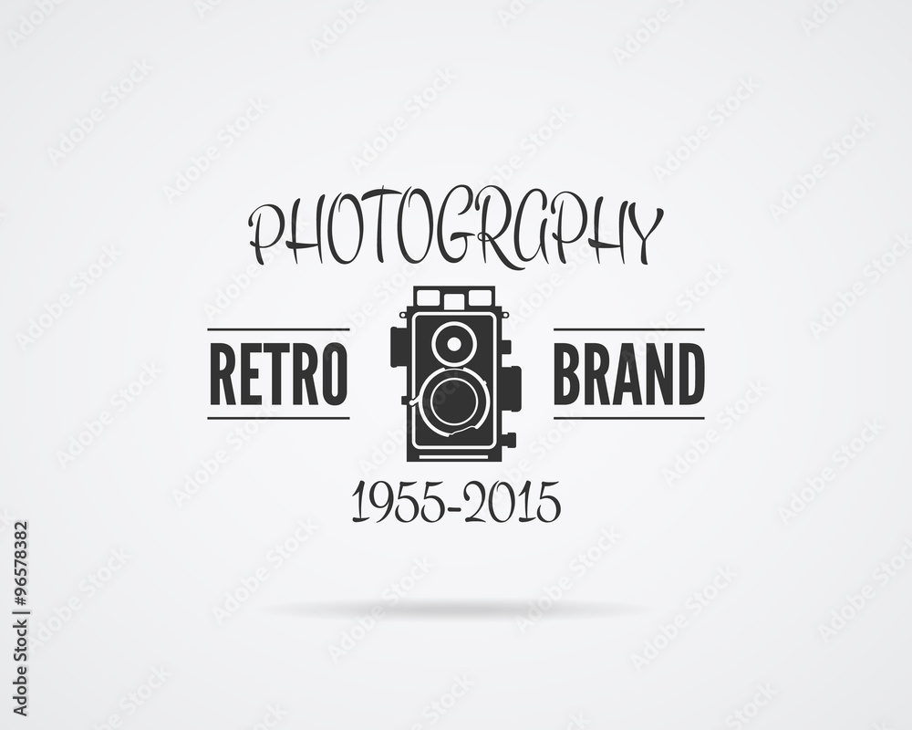 Vintage Photography Badge, Label. Monochrome design with stylish old camera. Retro style for photo studio, photographer, equipment store, shop. Creative photography brand template. Vector