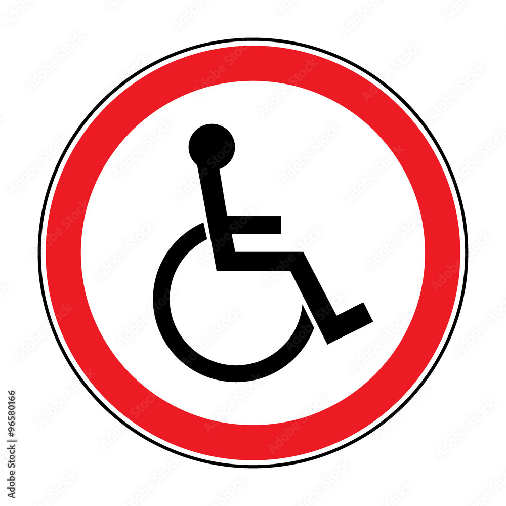 Disabled sign. Handicapped person icon isolated in the red circle on white background. Illustrations of prohibiting warning emblem and not permissive symbol for the disabled. Vector Disabled sign. Handicapped person icon isolated in the red circle on white background. Illustrations of prohibiting warning emblem and not permissive symbol for the disabled. Vector