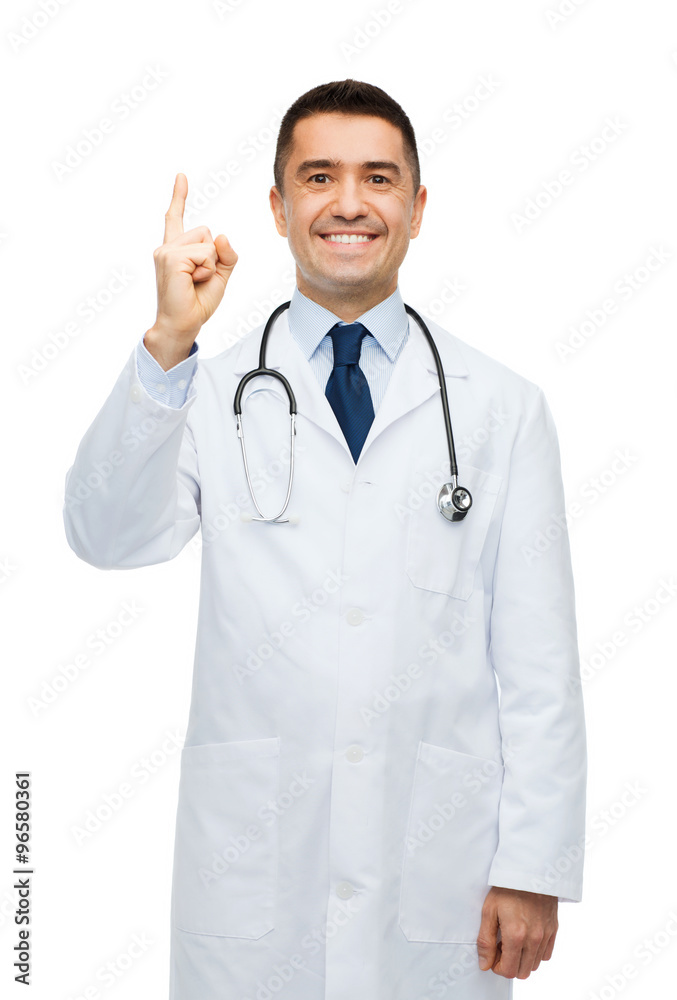 happy male doctor in white coat pointing finger up happy male doctor in white coat pointing finger up