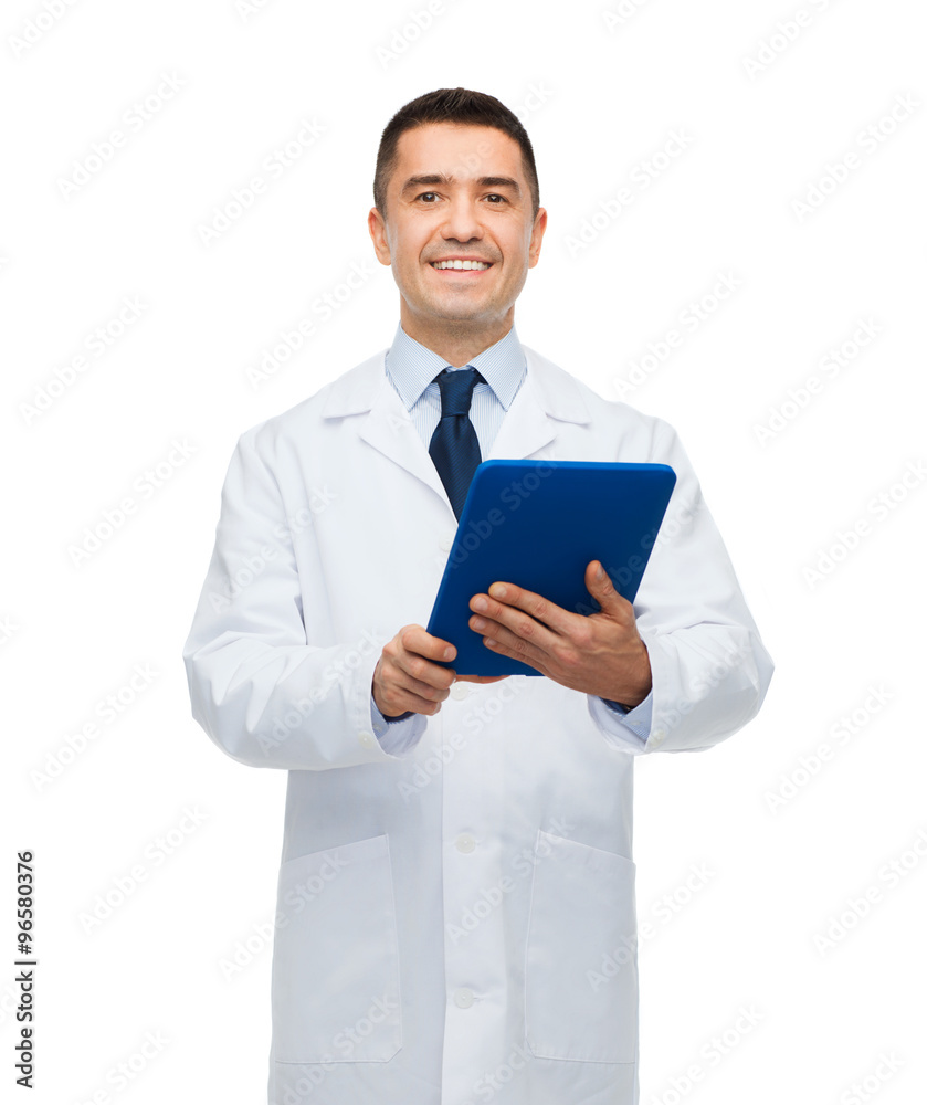 smiling male doctor in white coat with tablet pc smiling male doctor in white coat with tablet pc