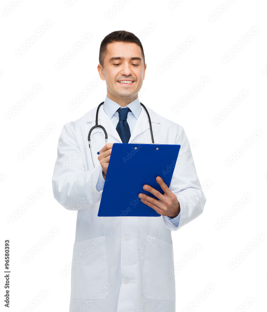 smiling male doctor with clipboard and stethoscope smiling male doctor with clipboard and stethoscope