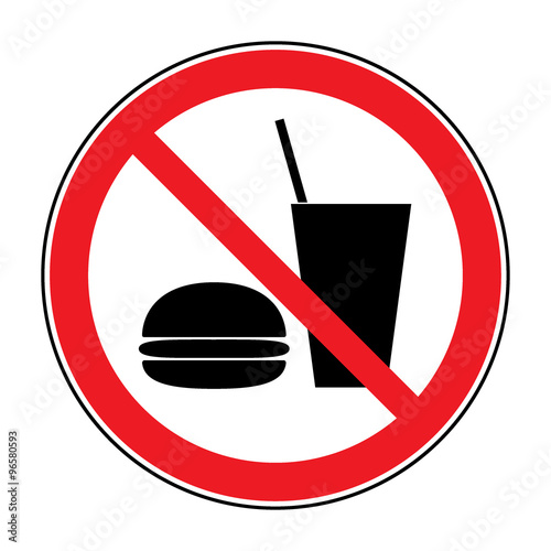 Do not eat and drink icon. No food or drink symbol isolated on white background. No eating and no drinks allowed. Red circle prohibition sign. Stop flat symbol. Stock vector