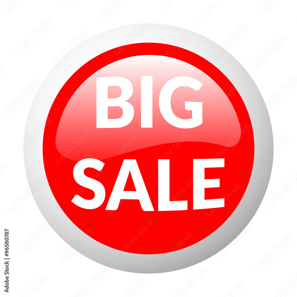 Red round sale button on white background. Volume glass discount price sign. Red big sale icon. Design template isolated on white background. Emblem for advertising message. Vector illustration Red round sale button on white background. Volume glass discount price sign. Red big sale icon. Design template isolated on white background. Emblem for advertising message. Vector illustration