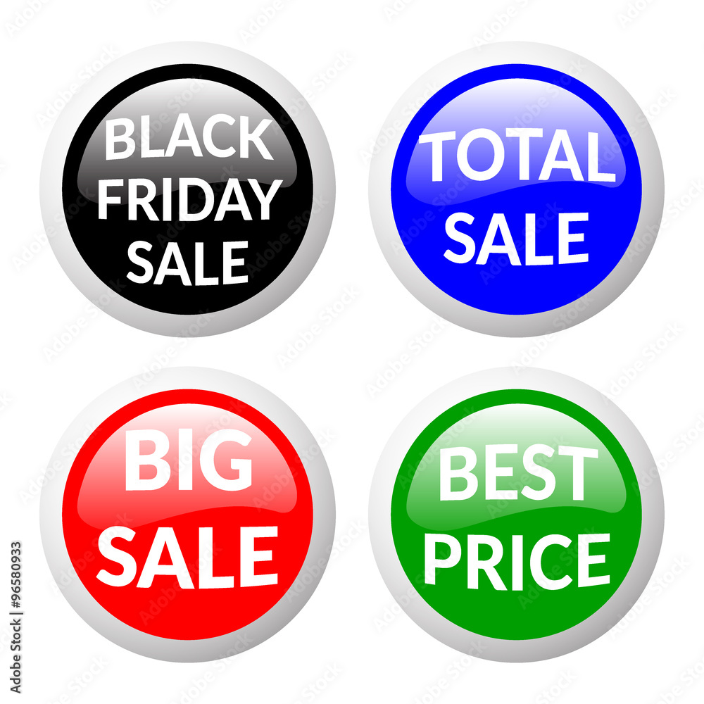 Red, green, black and blue discount price signs on white background. Set of colorfull volume sale stickers and labels. Glass effect. Collection of discount banners. Volume effect. Sale design template