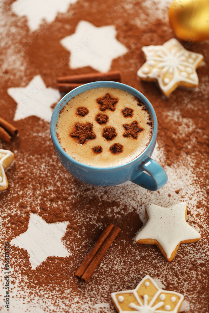 Beautiful composition with cup of cappuccino and Christmas cookies Beautiful composition with cup of cappuccino and Christmas cookies