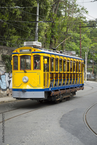 Old-fashioned tram stands empty on the streets of Santa Teresa in Rio de Janeiro, Brazil 