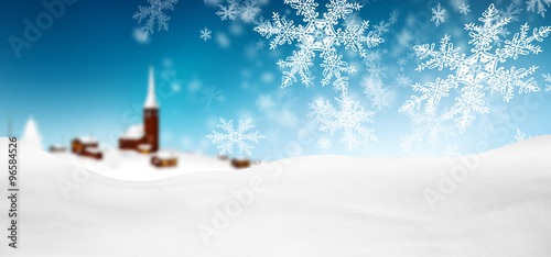 Abstrakte, blaue winterliche Grußkarte, Weihnachtskarte mit Schneeflocken, Schneekristallen, Flocken und Schnee im Vordergrund. Hintergrund Vorlage für Panorama Gruß Karten oder horizontale Banner. photo