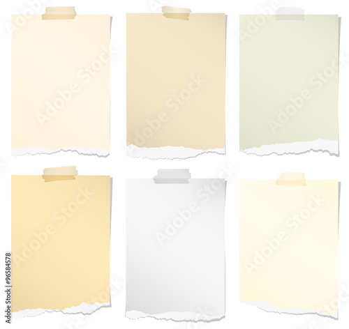 Set of various colors torn note papers with adhesive tape on white background