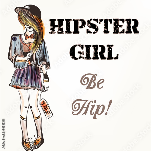 Fashion vector background with trendy hipster girl