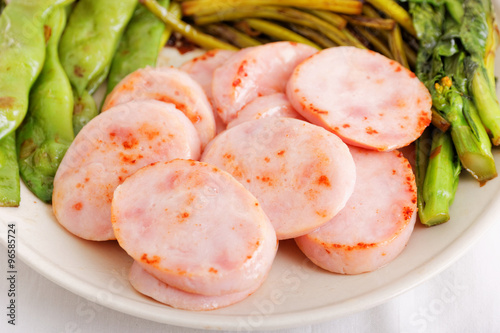 Sliced fried ham with fried green vegetables on a plate