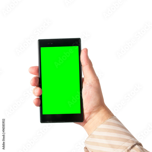 Man holds in hand tablet PC in portrait mode with green screen isolated on white. Chroma key screen for placement of your own content.
 photo