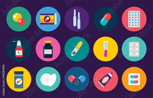 Pills capsules icons vector flat set. Medical vitamin pharmacy illustration