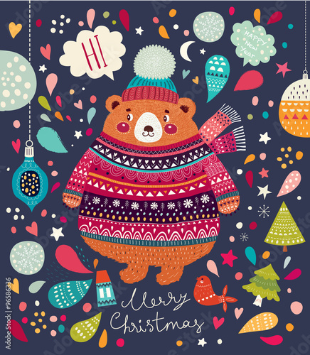 Vector Christmas illustration with Adorable cute little Bear