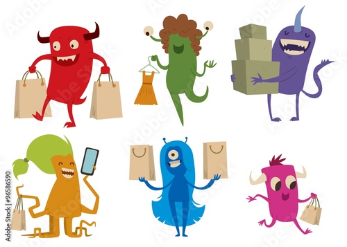 Cartoon cute monsters shopping vector