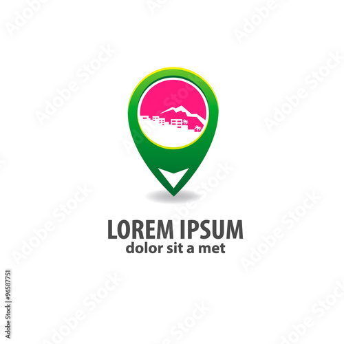 logo with a silhouette of the city and palm