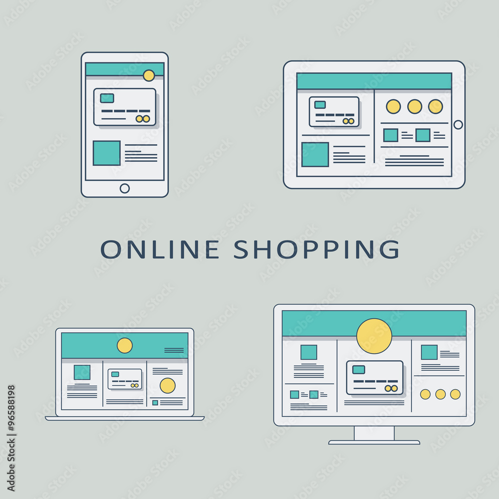 Online shopping concept vector background with line art user interface template on digital devices Online shopping concept vector background with line art user interface template on digital devices