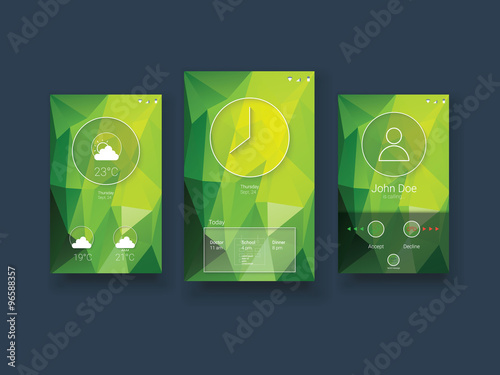 Modern mobile user interface template with smartphone screens on green low poly vector background