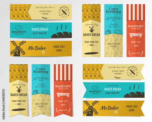 Vector Bakery banners. Shop, cupcake and cafe labels collection. Stickers set with fresh bread, windmill icons, logos, labels. Bakery products emblem design. Can be use in web or typography print
