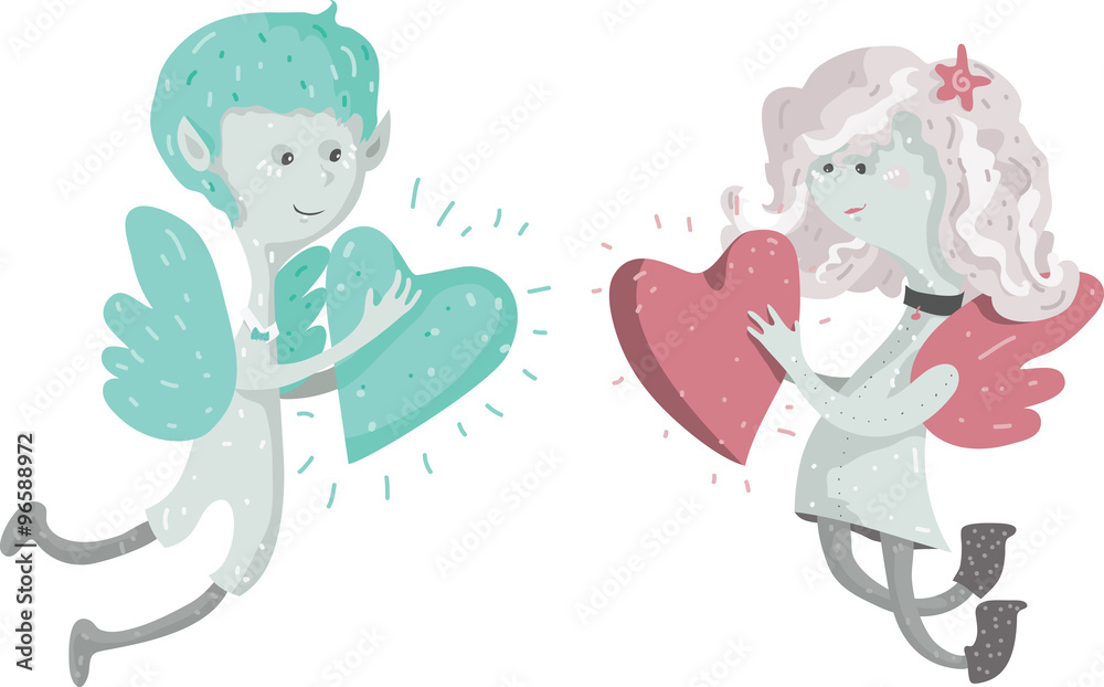 Two kind cherubs meet each other with large hearts in their hands. Vector isolated on white illustration