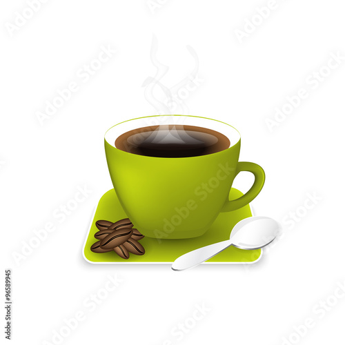 Cup of coffee with coffee beans and spoon.