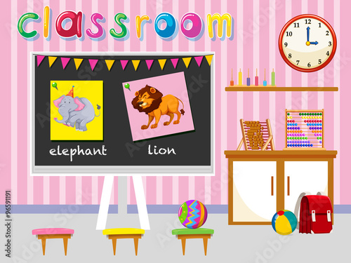 Kindergarten classroom with board and chairs
