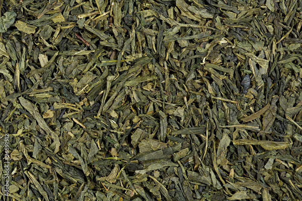 Close up of green tea leaflets, detail, macro, full frame, horiz Close up of green tea leaflets, detail, macro, full frame, horiz