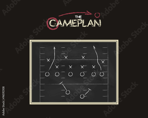 American football field background with game plan blackboard. Chalkboard unusual design. Sports tactic concept. Hand drawn style