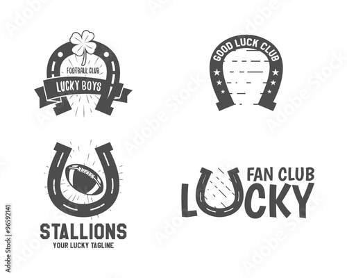 Vector American football lucky horseshoe labels set. Unusual sports emblem design. Usa sport logo concept with typography elements and leaf clovers