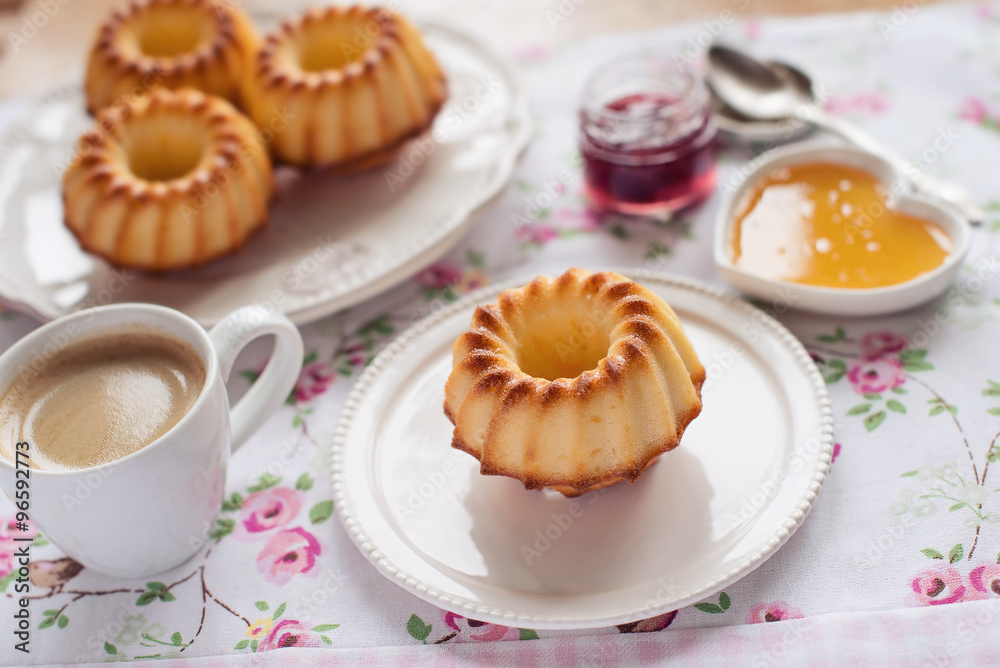 Breakfast with muffins, coffee and honey Breakfast with muffins, coffee and honey