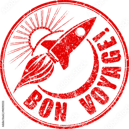 Bon voyage grunge rubber stamp with stylised flying space rocket