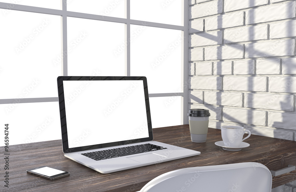 3D illustration laptop and work stuff on table near brick wall, Workspace 3D illustration laptop and work stuff on table near brick wall, Workspace