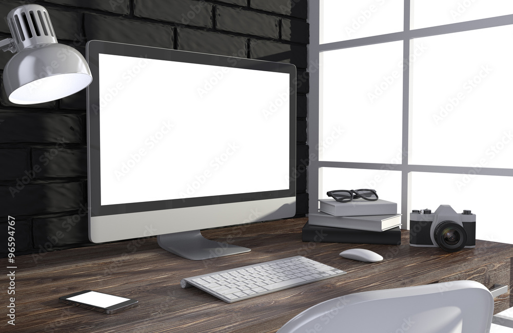 Fototapeta premium 3D illustration PC screen on table in office, Workspace